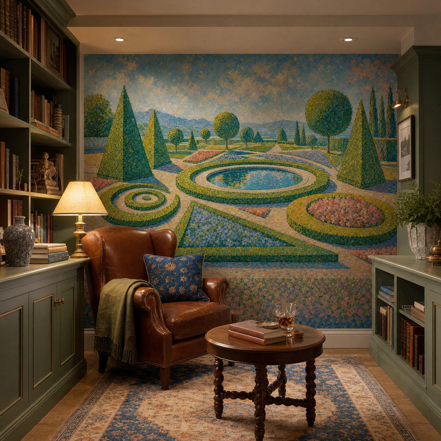 Formal Garden Wallpaper Topiary Circular Fountain Wall Mural