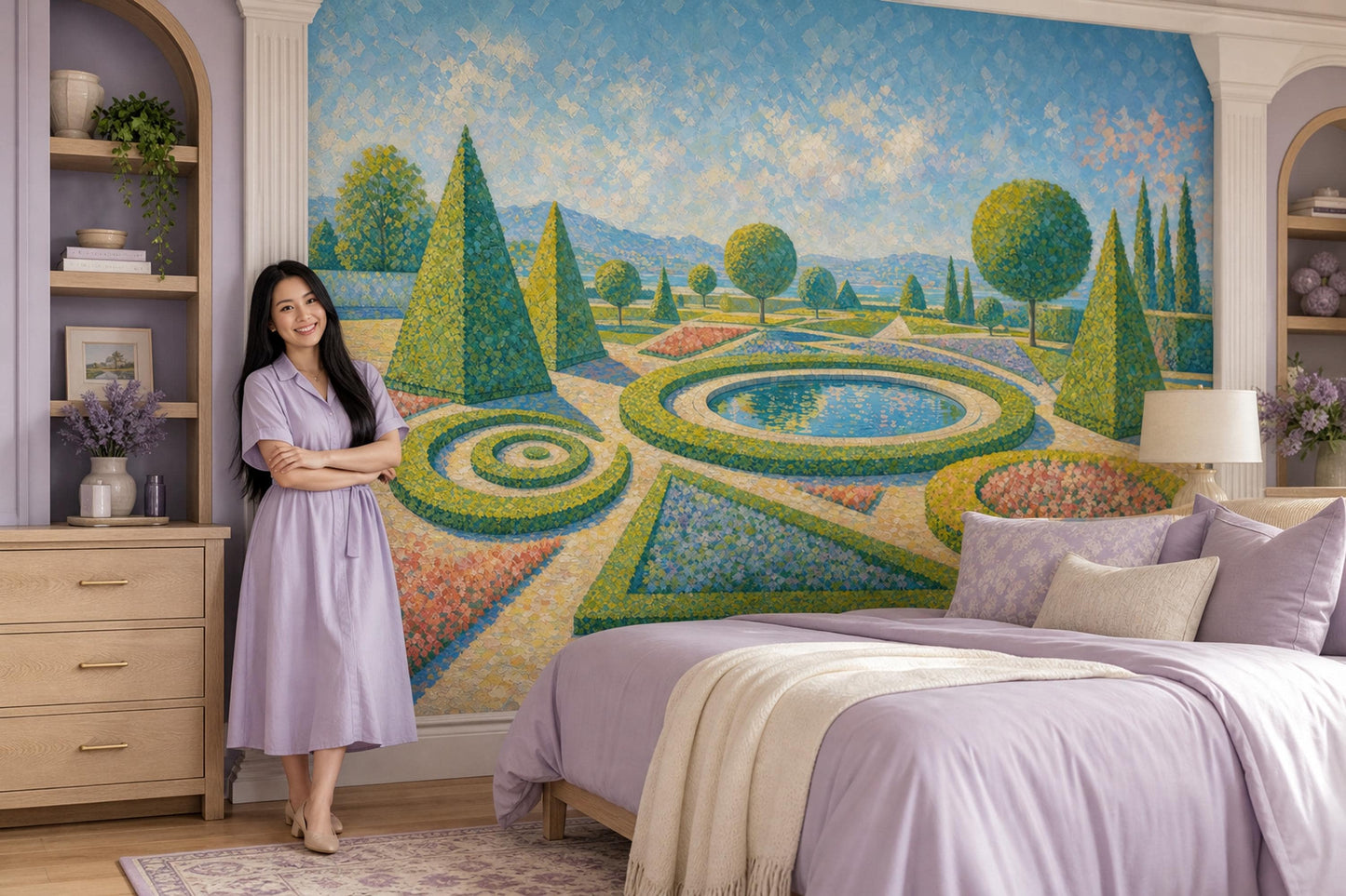 Formal Garden Wallpaper Topiary Circular Fountain Wall Mural