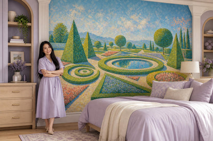 Formal Garden Wallpaper Topiary Circular Fountain Wall Mural