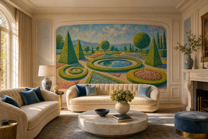 Formal Garden Wallpaper Topiary Circular Fountain Wall Mural
