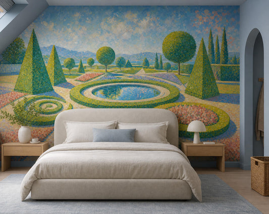 Formal Garden Wallpaper Topiary Circular Fountain Wall Mural