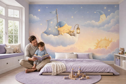 Celestial Sleep Training Wall Mural Dreamy Nursery Sky Moon Star Baby Room Decor