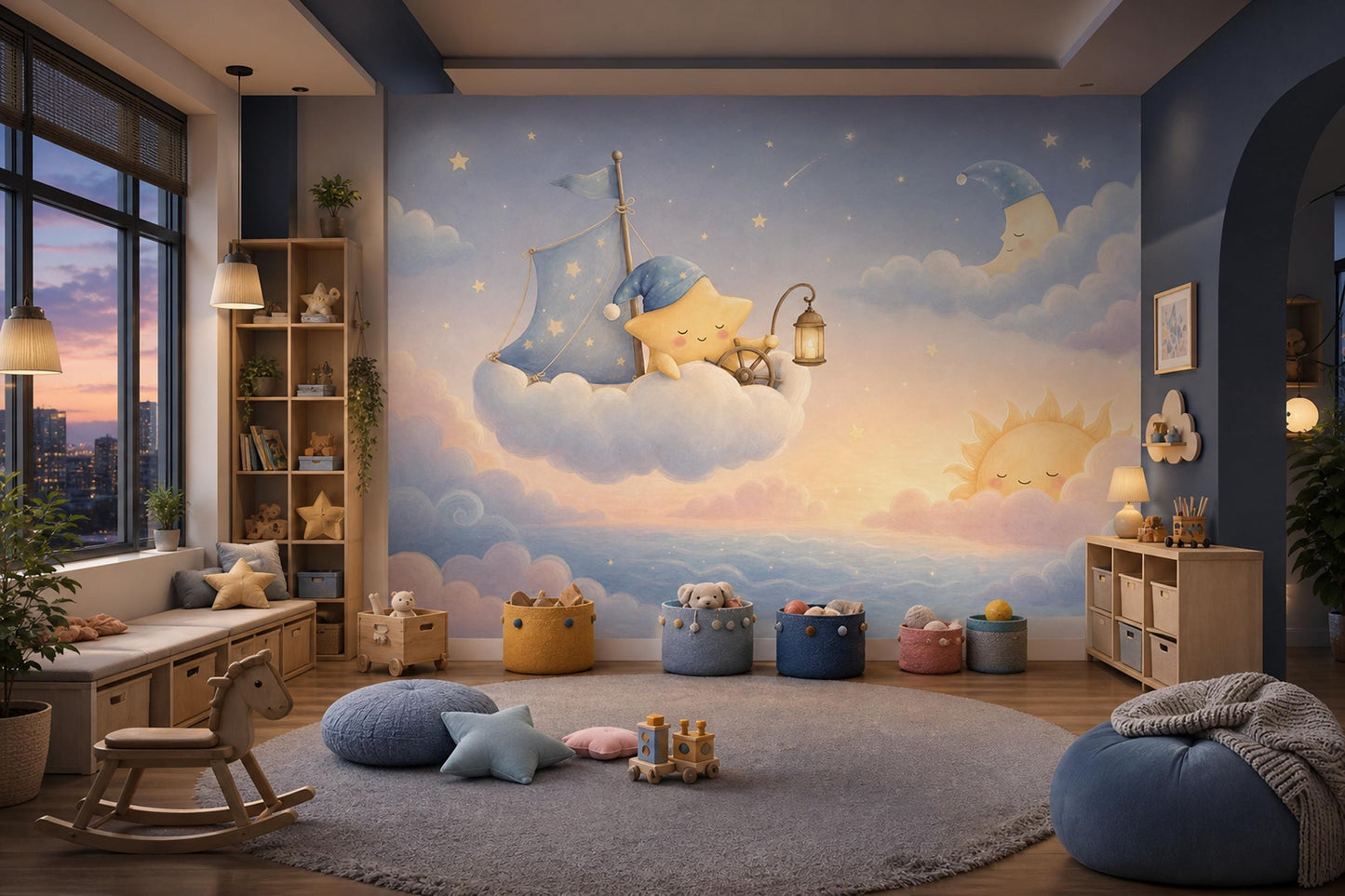 Celestial Sleep Training Wall Mural Dreamy Nursery Sky Moon Star Baby Room Decor