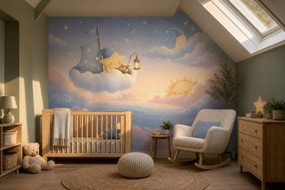 Celestial Sleep Training Wall Mural Dreamy Nursery Sky Moon Star Baby Room Decor