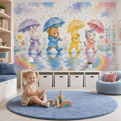 Rainy Day Friends Wall Mural Woodland Animal Nursery Preschool Classroom Decor