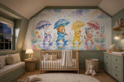 Rainy Day Friends Wall Mural Woodland Animal Nursery Preschool Classroom Decor