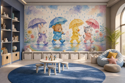 Rainy Day Friends Wall Mural Woodland Animal Nursery Preschool Classroom Decor