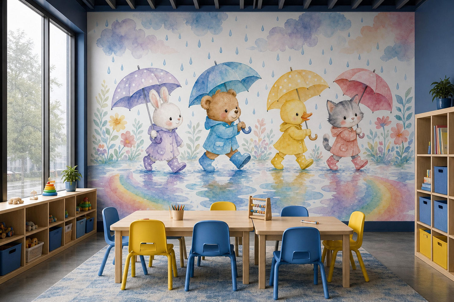 Rainy Day Friends Wall Mural Woodland Animal Nursery Preschool Classroom Decor