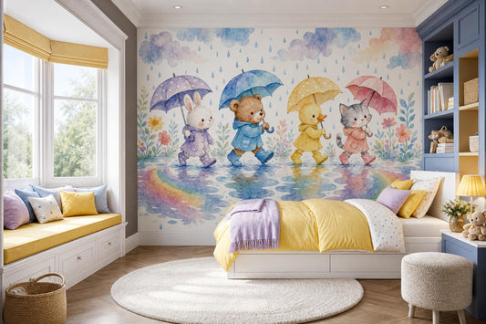 Rainy Day Friends Wall Mural Woodland Animal Nursery Preschool Classroom Decor