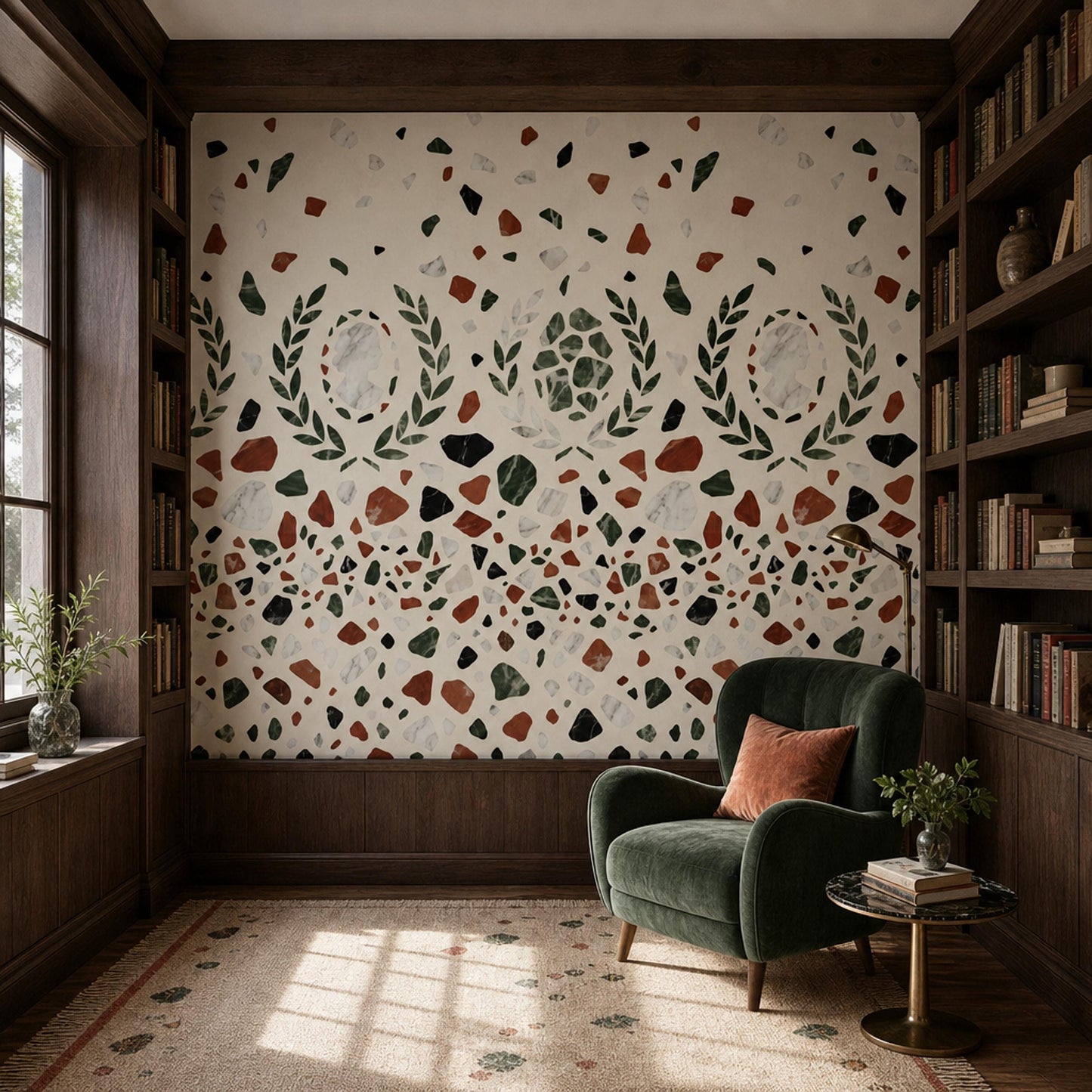 Roman Terrazzo Wallpaper Classical Laurel Marble Pattern Mediterranean Luxury Decor