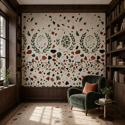 Roman Terrazzo Wallpaper Classical Laurel Marble Pattern Mediterranean Luxury Decor