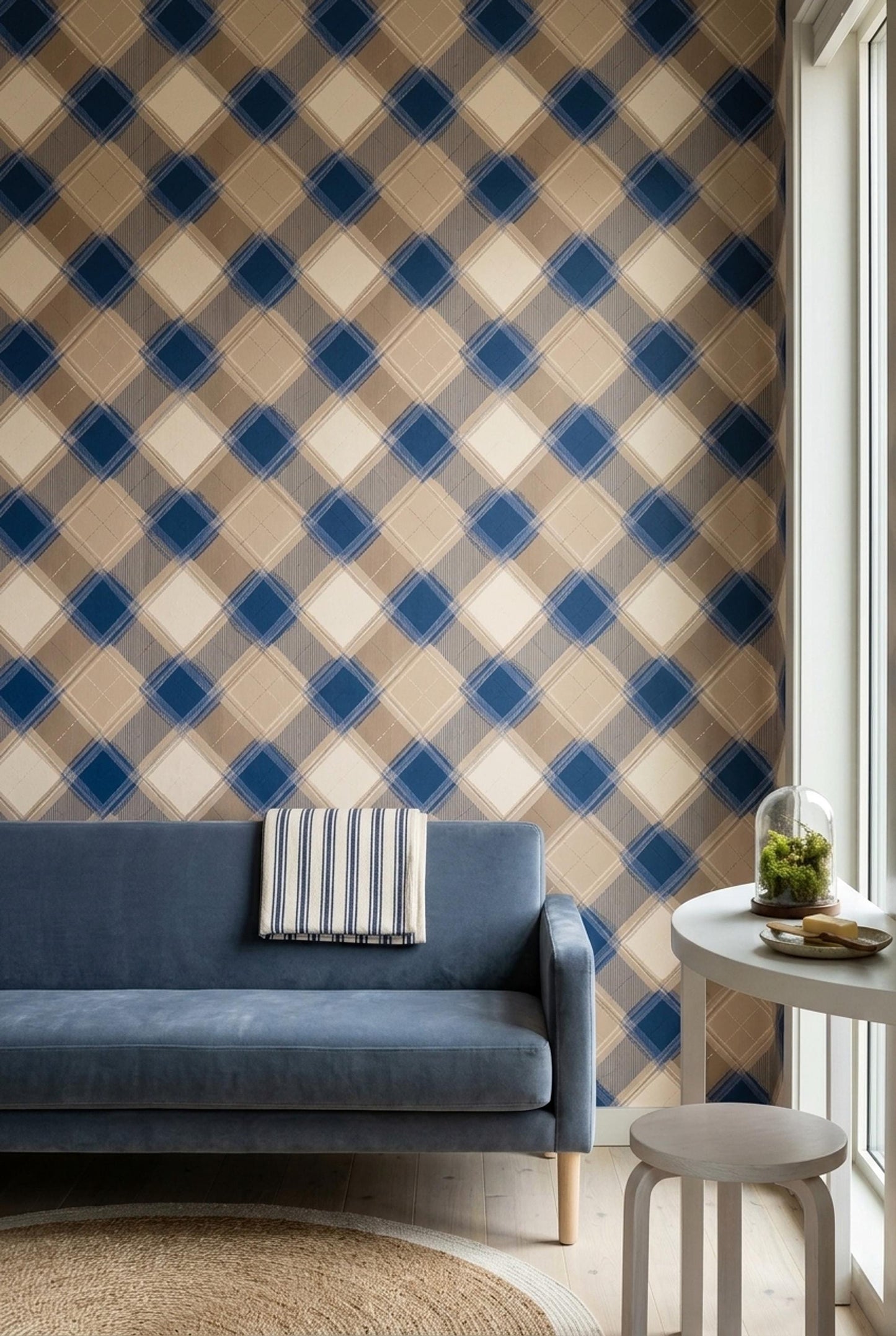 Modern Plaid Wallpaper Blue Beige Geometric Check Wall Decor