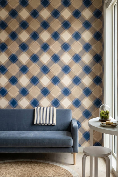 Modern Plaid Wallpaper Blue Beige Geometric Check Wall Decor