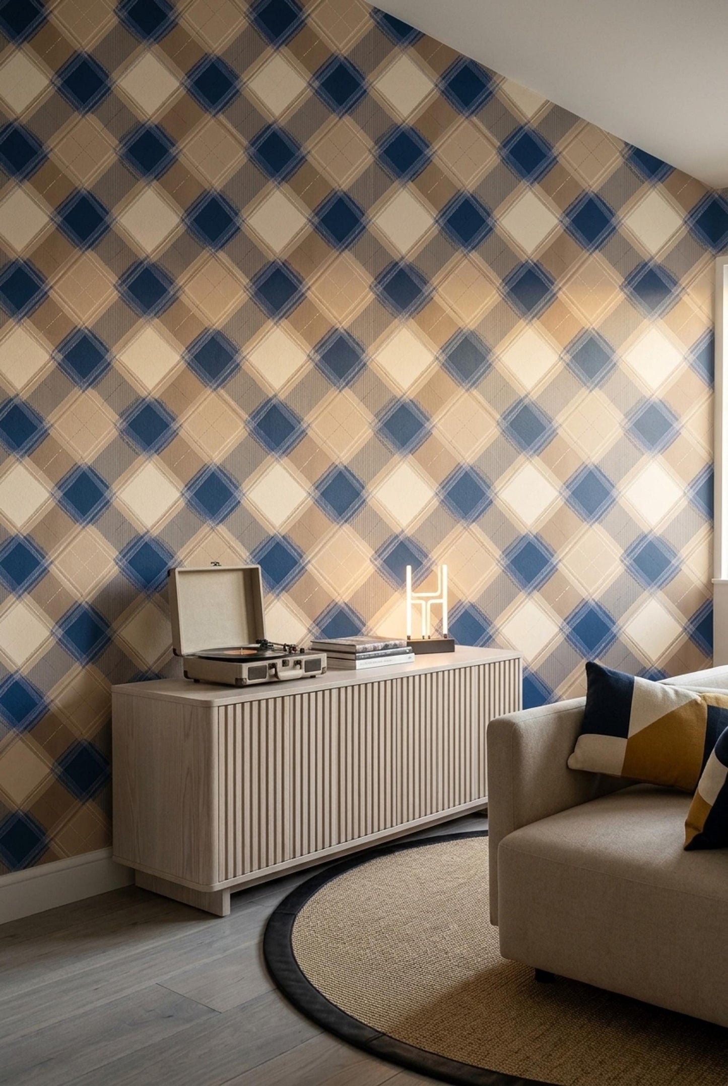 Modern Plaid Wallpaper Blue Beige Geometric Check Wall Decor