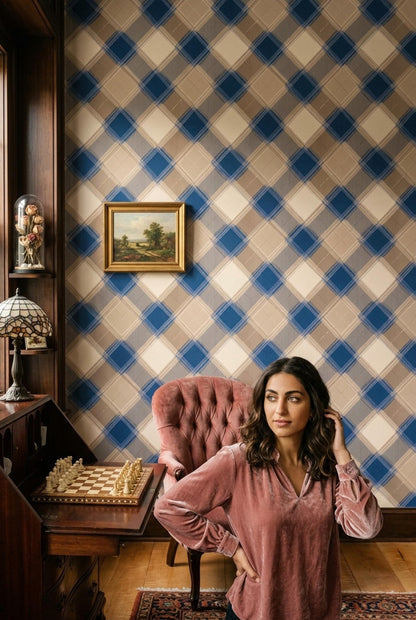 Modern Plaid Wallpaper Blue Beige Geometric Check Wall Decor
