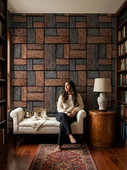 Basket Weave Wood Wallpaper Rustic Geometric Wood Panel Wall Decor