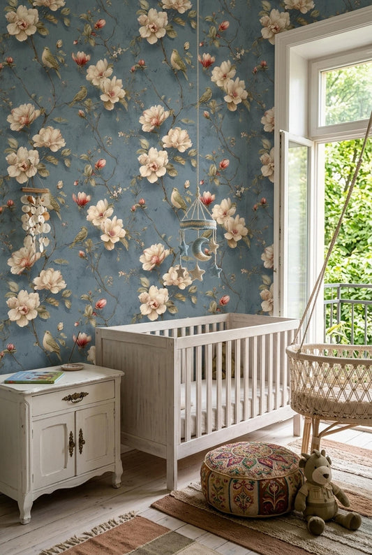 Vintage Magnolia Bird Wallpaper Romantic Botanical Floral Wall Decor