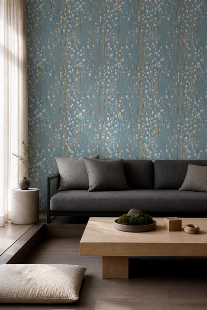 Blue Winter Berry Wallpaper Minimal Botanical Pattern Scandinavian Organic Modern Decor
