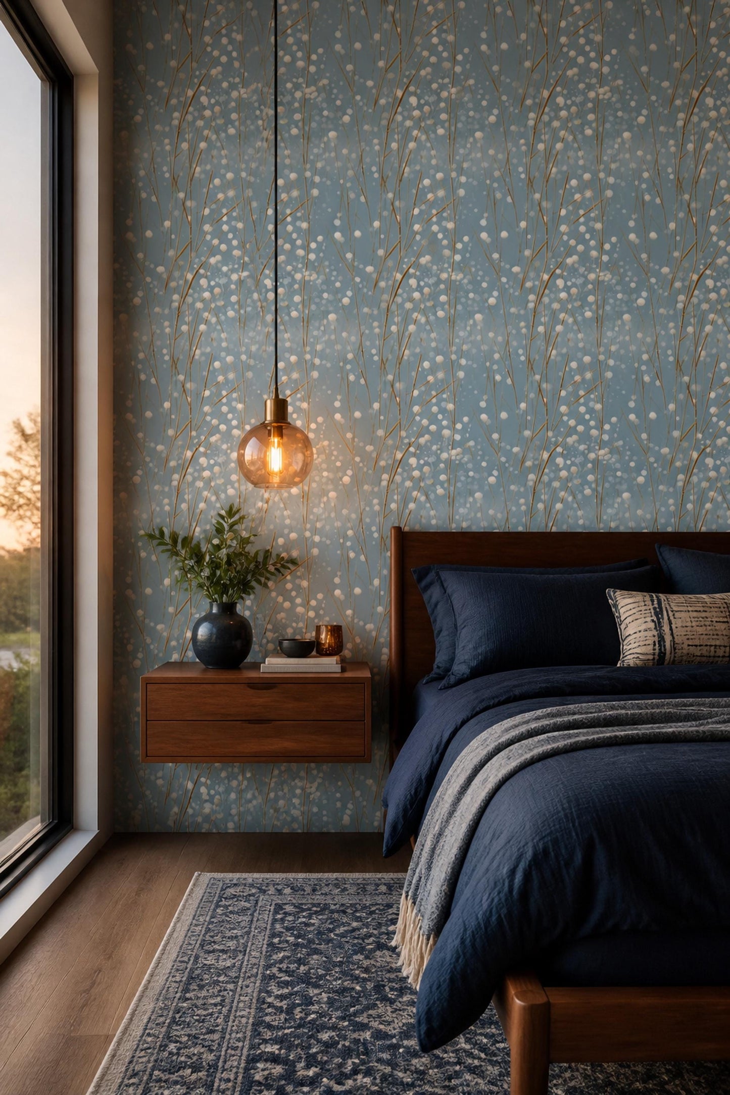 Blue Winter Berry Wallpaper Minimal Botanical Pattern Scandinavian Organic Modern Decor