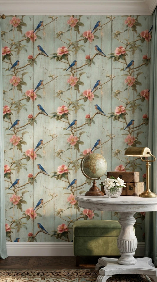 Vintage Bluebird Wallpaper English Cottage Floral Pattern Rustic Painted Wood French Country Decor
