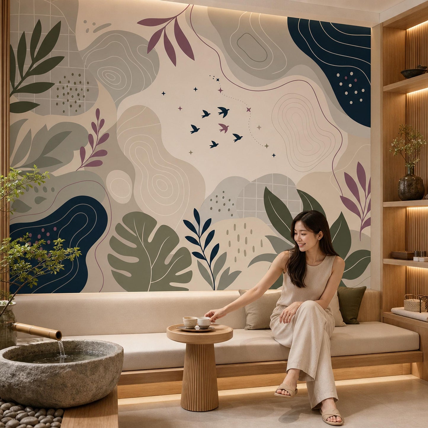 Scandinavian Organic Modern Wall Mural Japandi Botanical Nature Wallpaper Neutral Decor