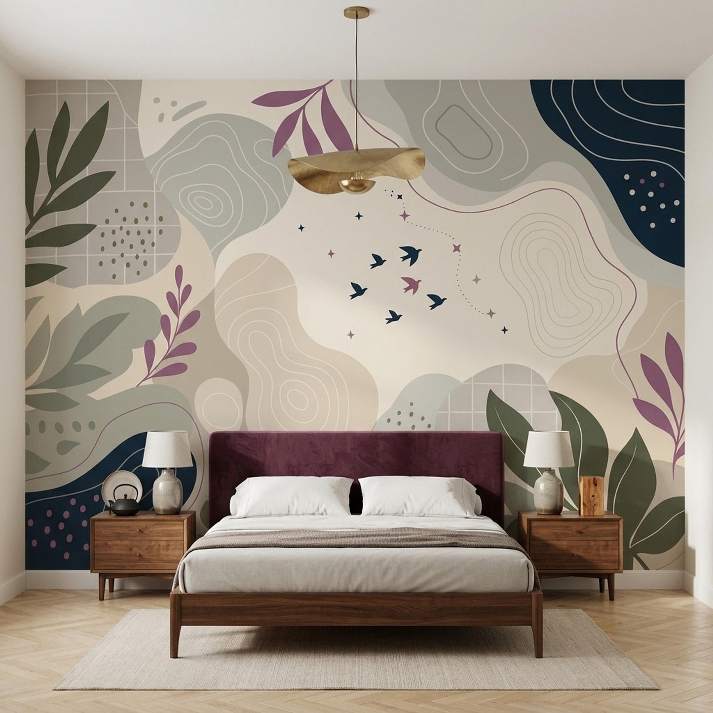 Scandinavian Organic Modern Wall Mural Japandi Botanical Nature Wallpaper Neutral Decor