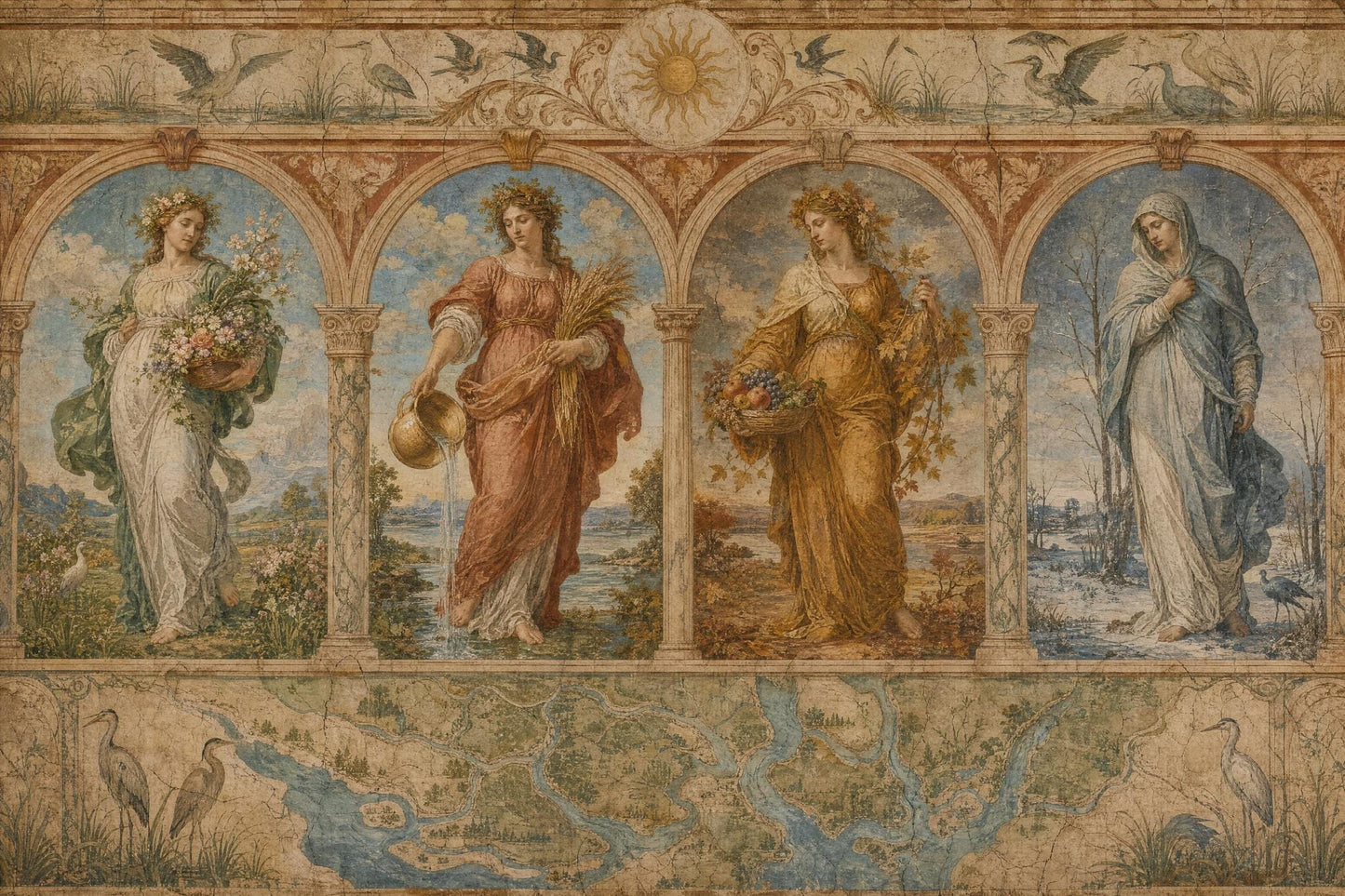 Italian Renaissance Wall Mural Museum Fresco Palazzo Decor Four Seasons Luxury Interior