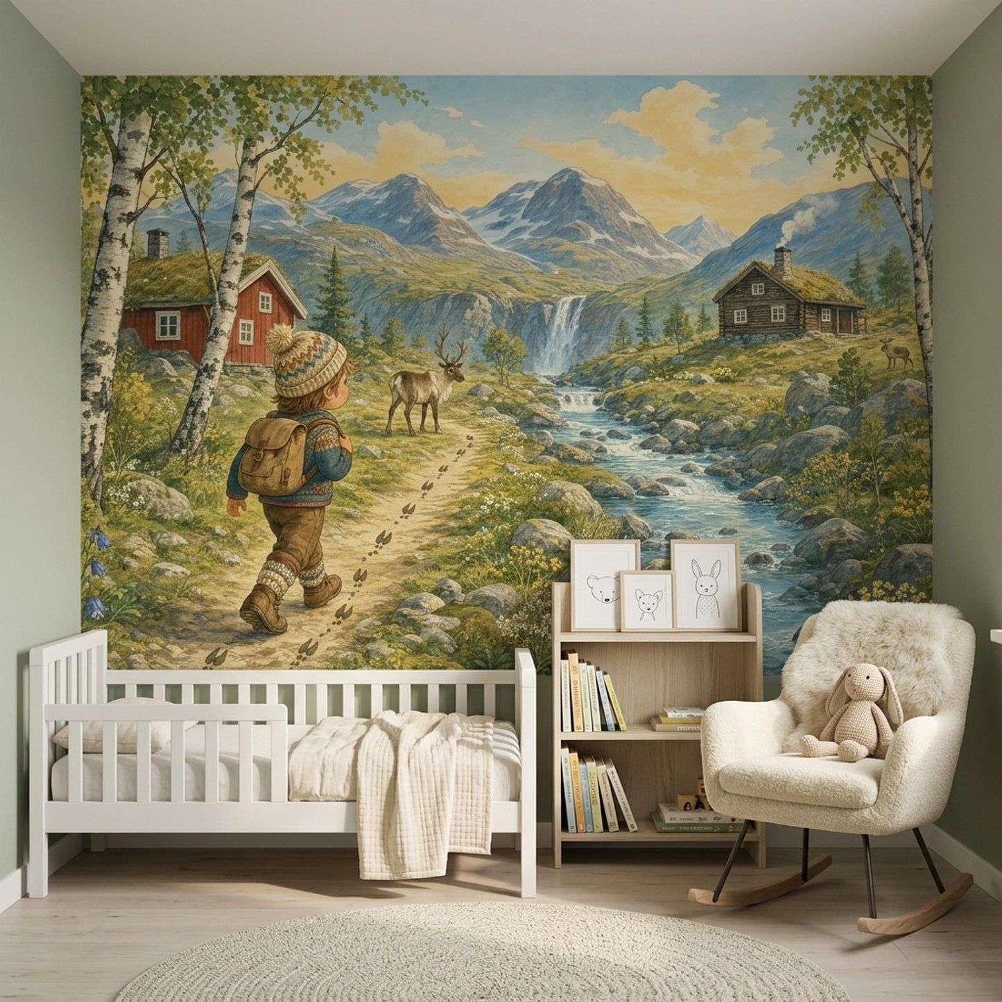 Nordic Adventure Wall Mural Scandinavian Mountain Landscape Storybook Nursery Forest Decor