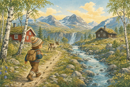 Nordic Adventure Wall Mural Scandinavian Mountain Landscape Storybook Nursery Forest Decor