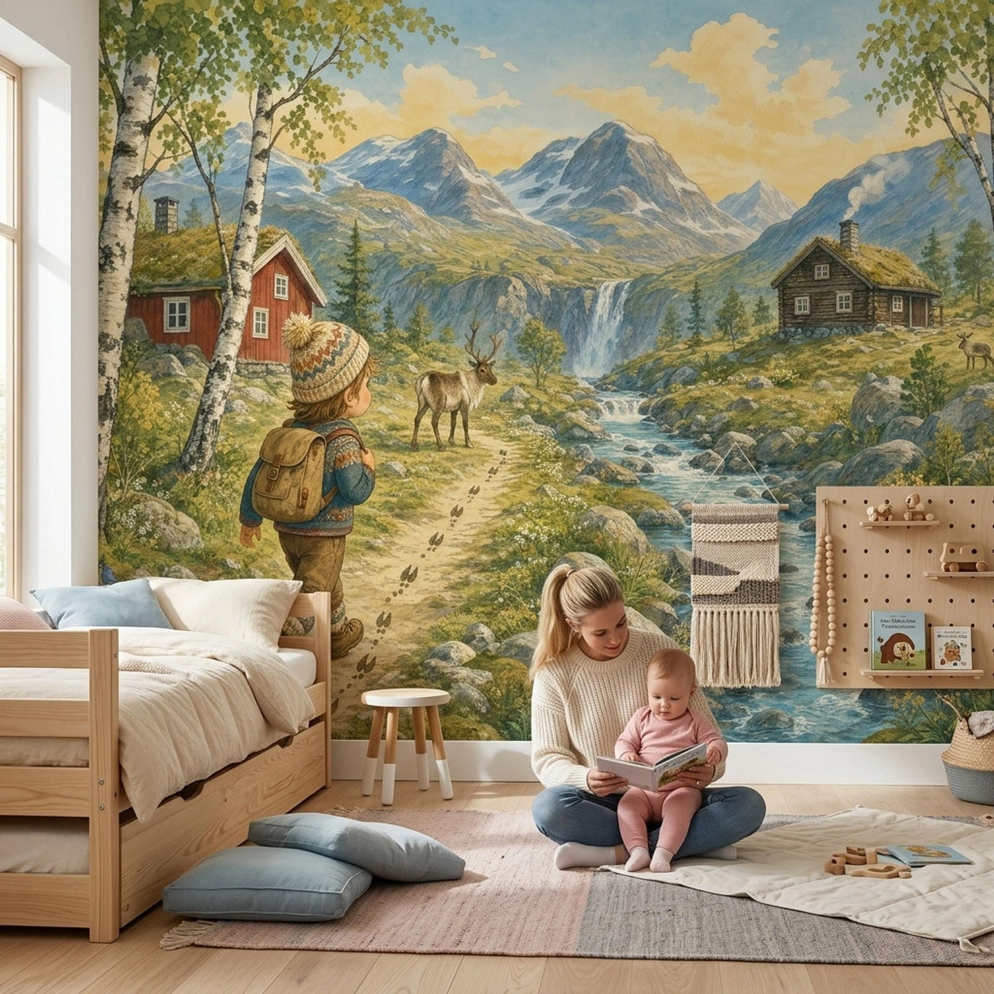 Nordic Adventure Wall Mural Scandinavian Mountain Landscape Storybook Nursery Forest Decor