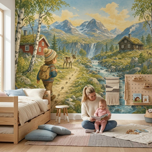 Nordic Adventure Wall Mural Scandinavian Mountain Landscape Storybook Nursery Forest Decor