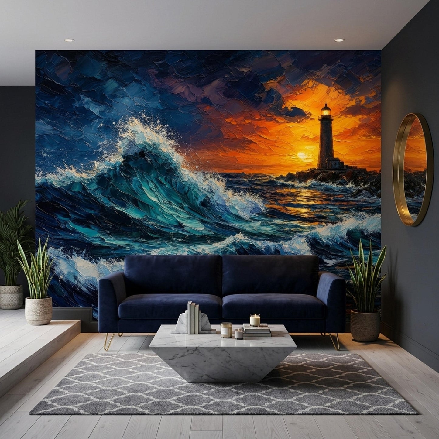 Moody Coastal Wall Mural Dramatic Ocean Wave Lighthouse Sunset Seascape Decor