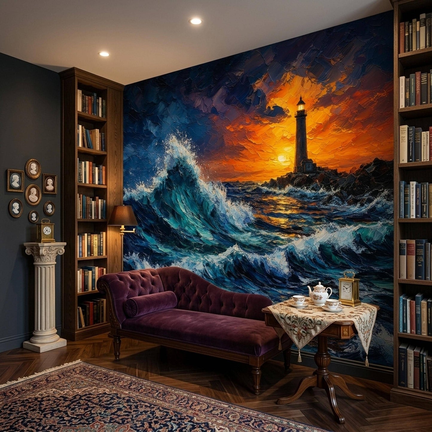 Moody Coastal Wall Mural Dramatic Ocean Wave Lighthouse Sunset Seascape Decor