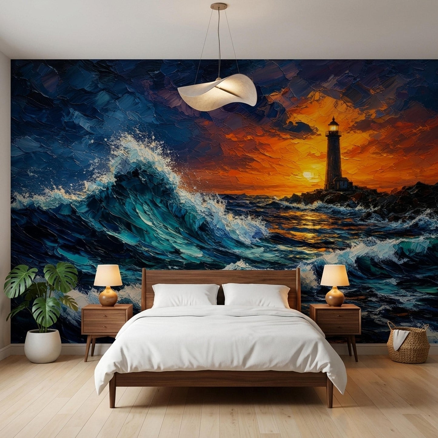 Moody Coastal Wall Mural Dramatic Ocean Wave Lighthouse Sunset Seascape Decor