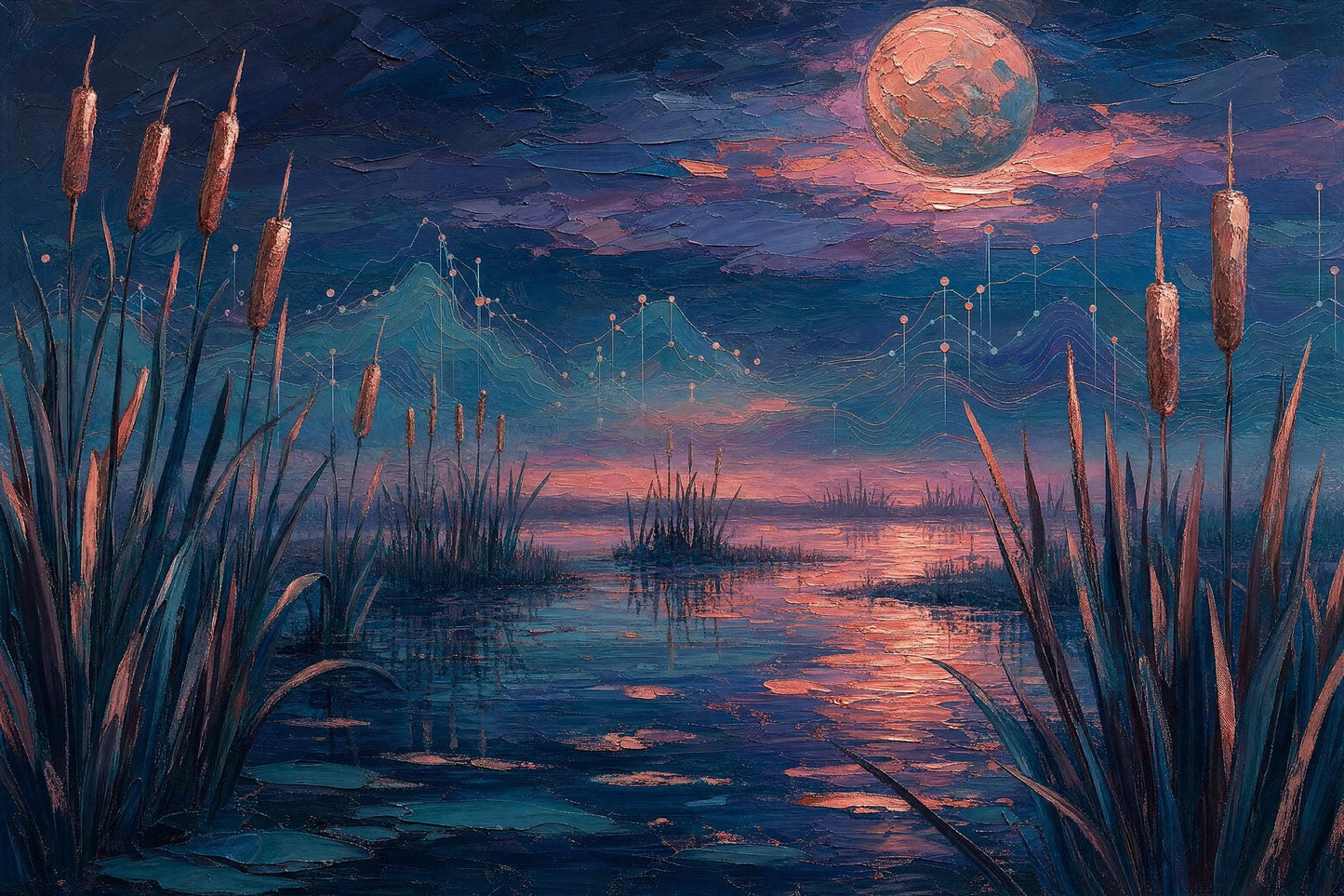Celestial Wetland Wall Mural Moody Moon Lake Landscape Luxury Statement Decor