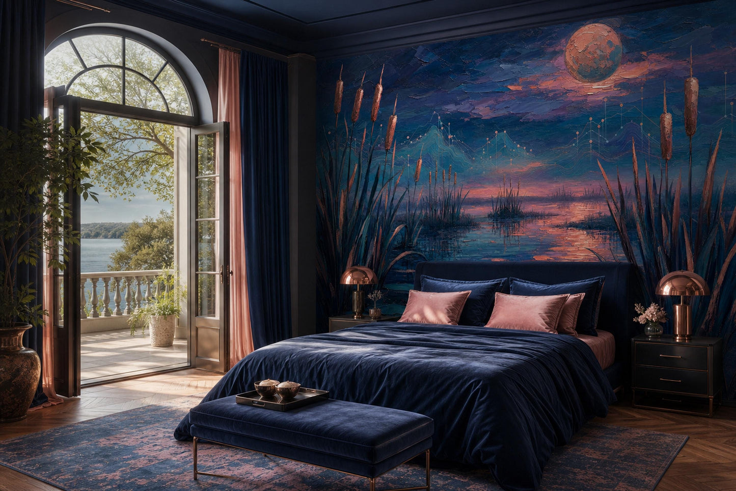 Celestial Wetland Wall Mural Moody Moon Lake Landscape Luxury Statement Decor