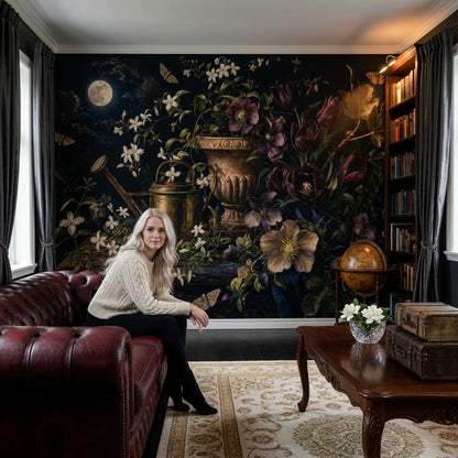 Moody Botanical Wall Mural Moon Garden Vintage Floral Dark Academia Wallpaper