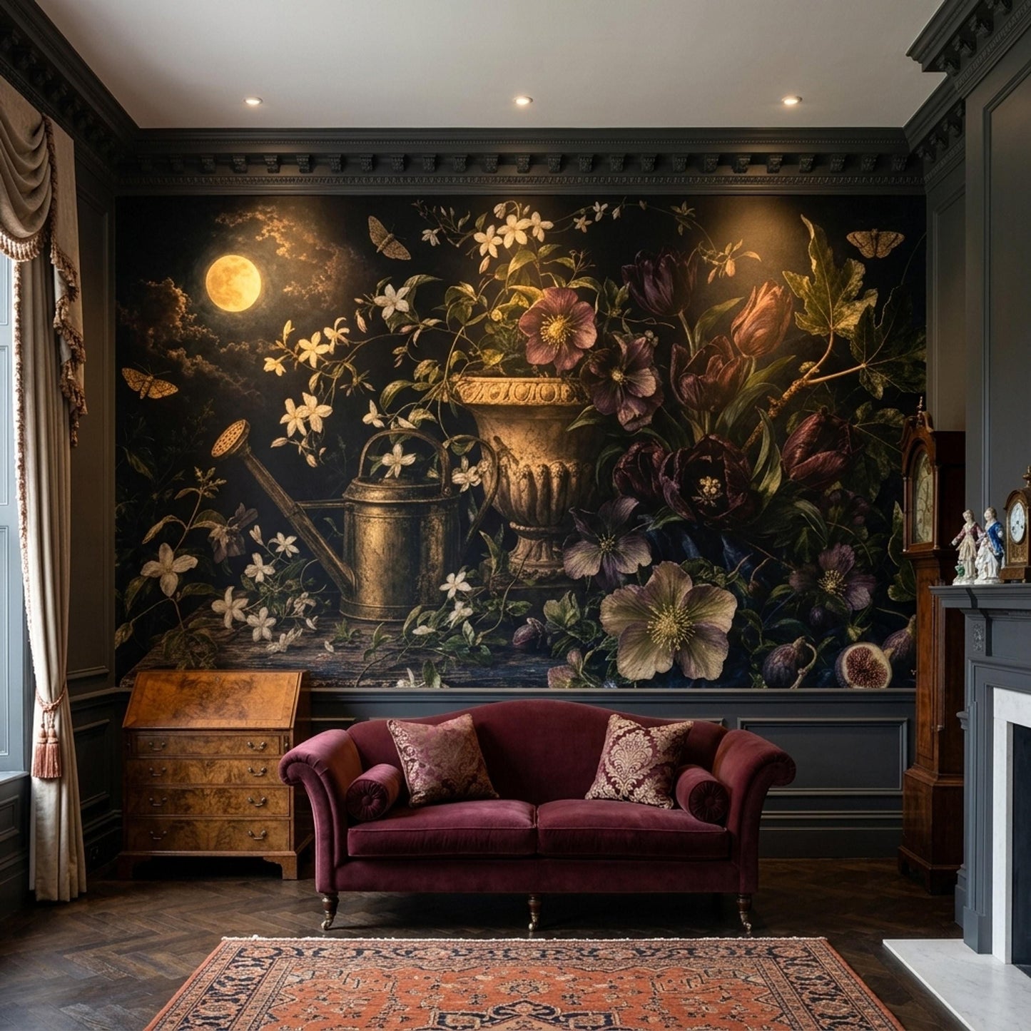 Moody Botanical Wall Mural Moon Garden Vintage Floral Dark Academia Wallpaper