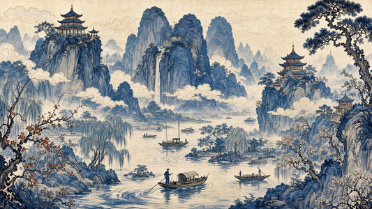 Blue Landscape Toile Wall Mural Vintage Pagoda Scenic Asian Mountain River Decor