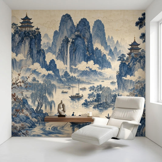 Blue Landscape Toile Wall Mural Vintage Pagoda Scenic Asian Mountain River Decor