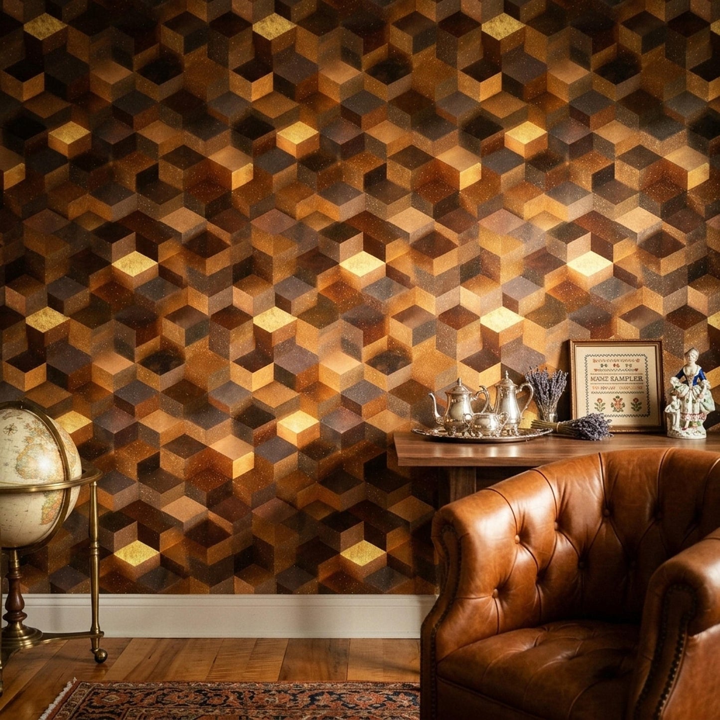 Mid Century Cube Wallpaper Retro Wood Geometric Illusion Pattern Modern Decor