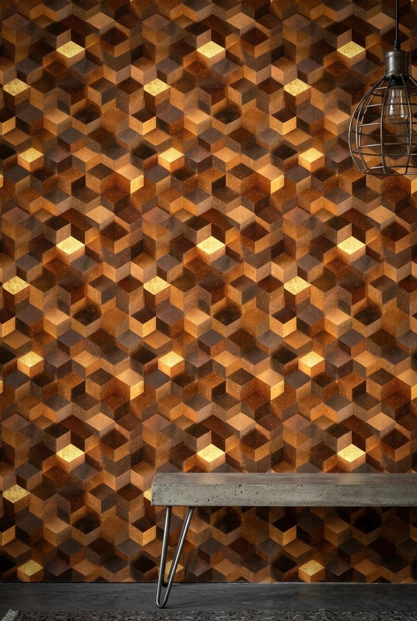 Mid Century Cube Wallpaper Retro Wood Geometric Illusion Pattern Modern Decor