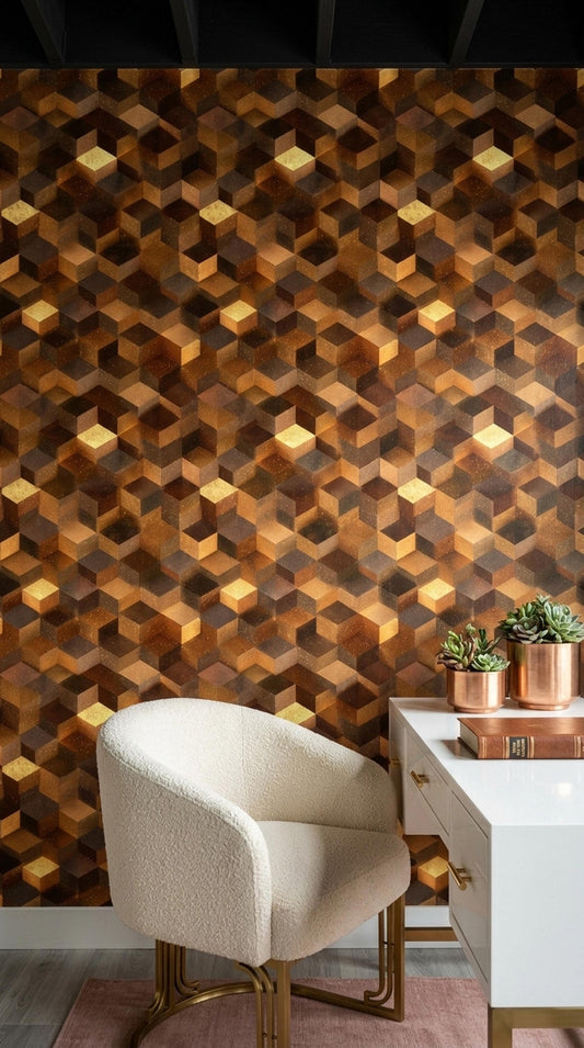 Mid Century Cube Wallpaper Retro Wood Geometric Illusion Pattern Modern Decor