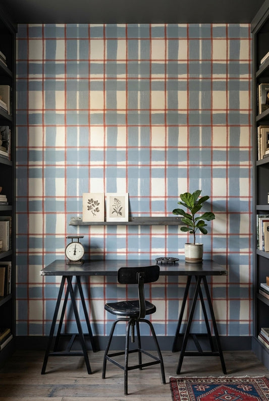 Modern Cottage Plaid Wallpaper Soft Blue Check Pattern Farmhouse Wall Decor