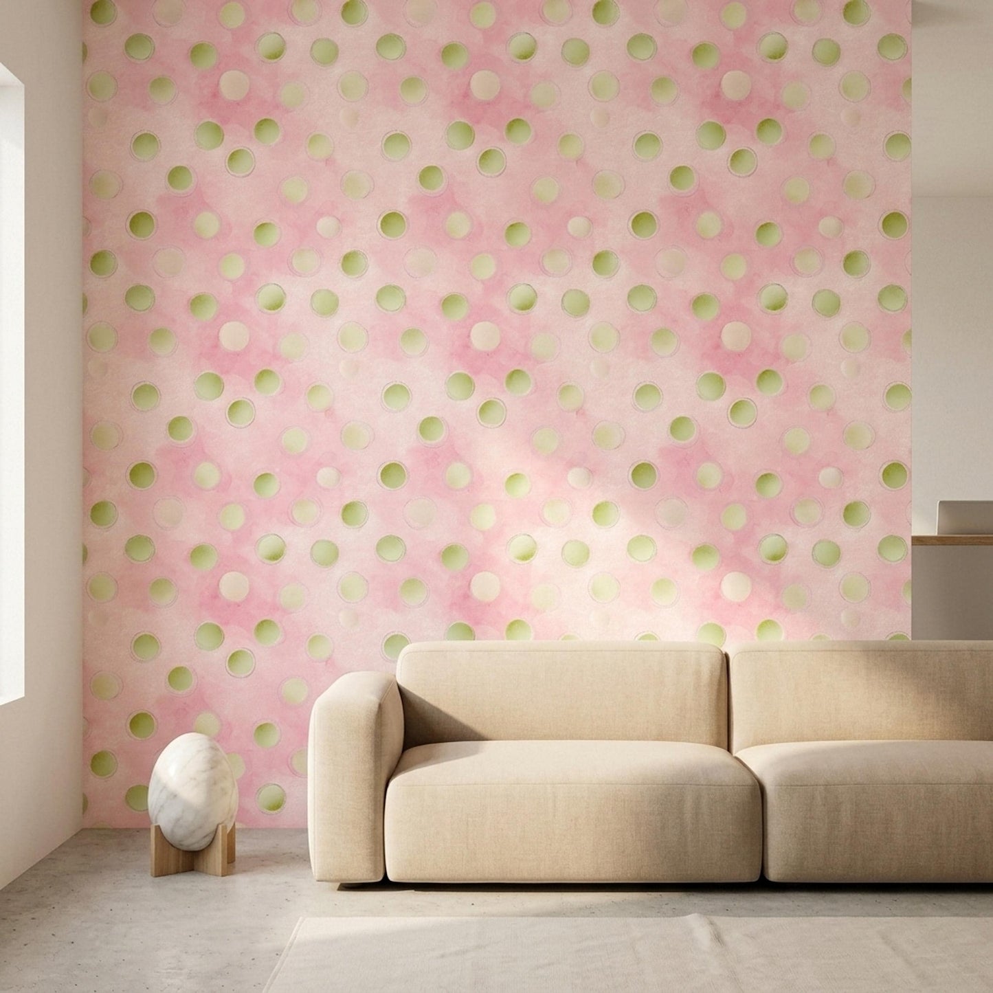 Scandinavian Watercolor Polka Dot Wallpaper Pastel Nursery Pink Wall Decor