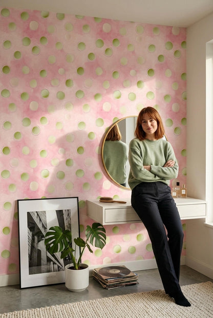 Scandinavian Watercolor Polka Dot Wallpaper Pastel Nursery Pink Wall Decor