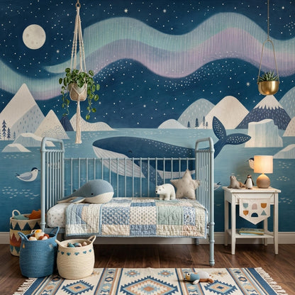 Scandinavian Whale Nursery Wall Mural Nordic Ocean Night Sky Polar Landscape Baby Room Decor