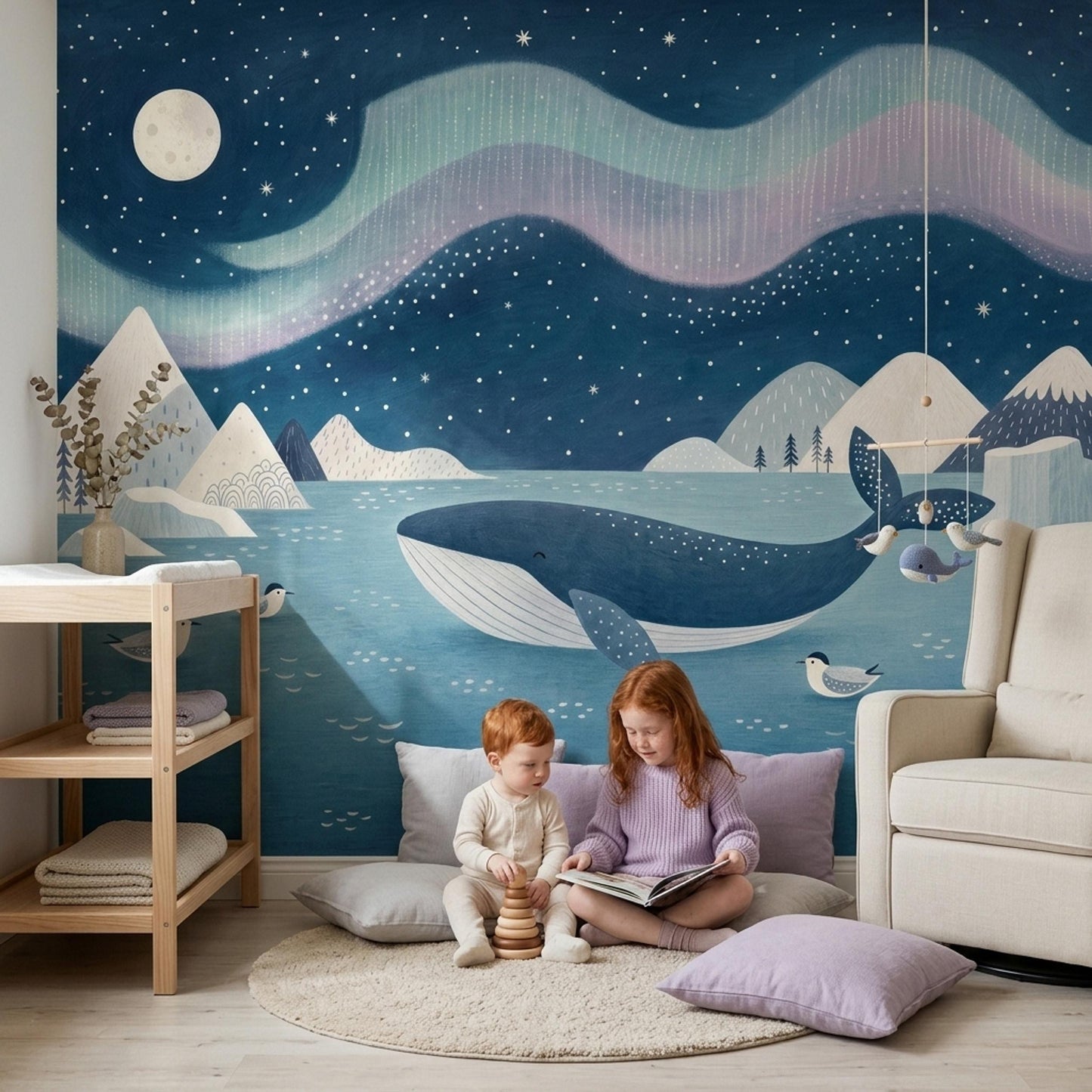 Scandinavian Whale Nursery Wall Mural Nordic Ocean Night Sky Polar Landscape Baby Room Decor