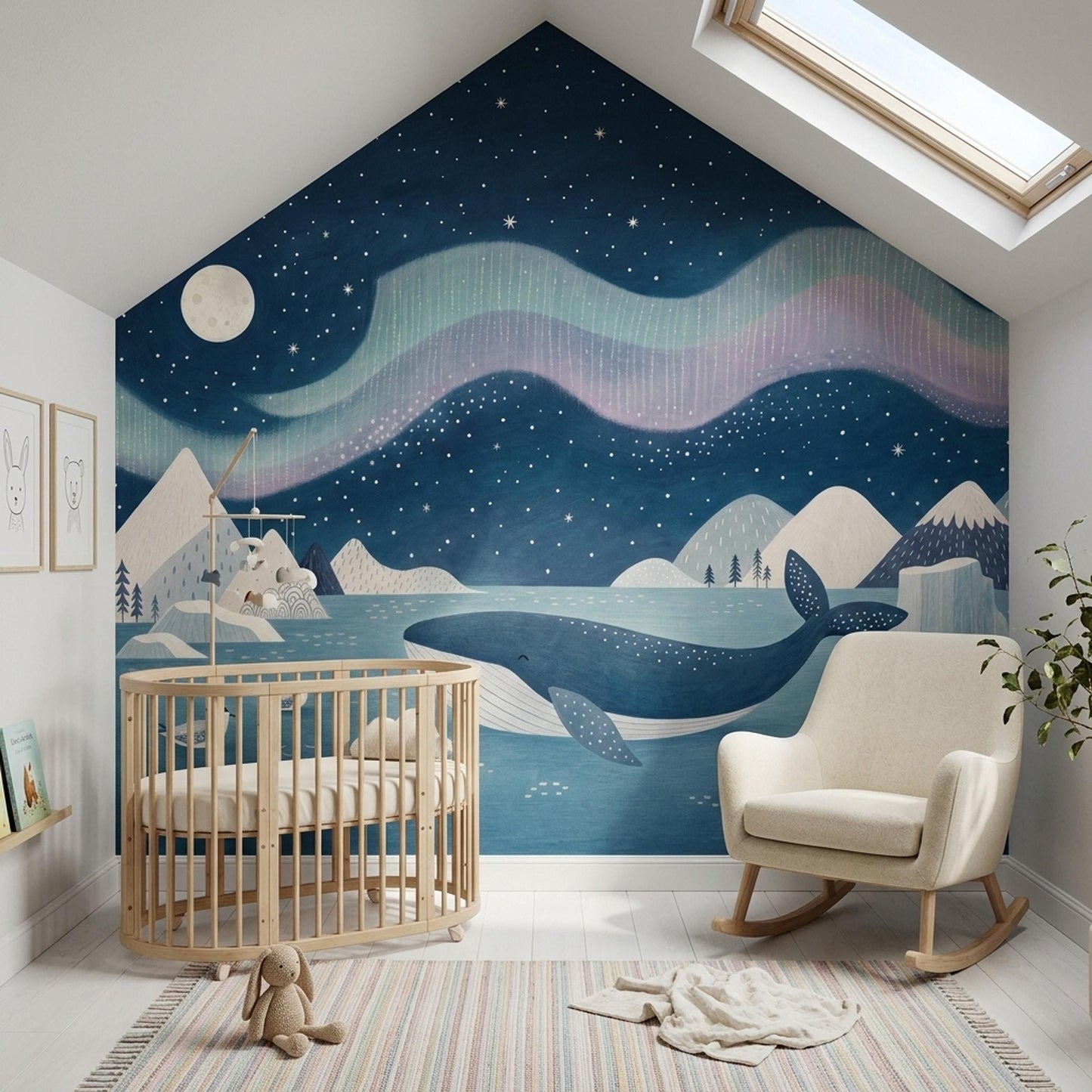 Scandinavian Whale Nursery Wall Mural Nordic Ocean Night Sky Polar Landscape Baby Room Decor
