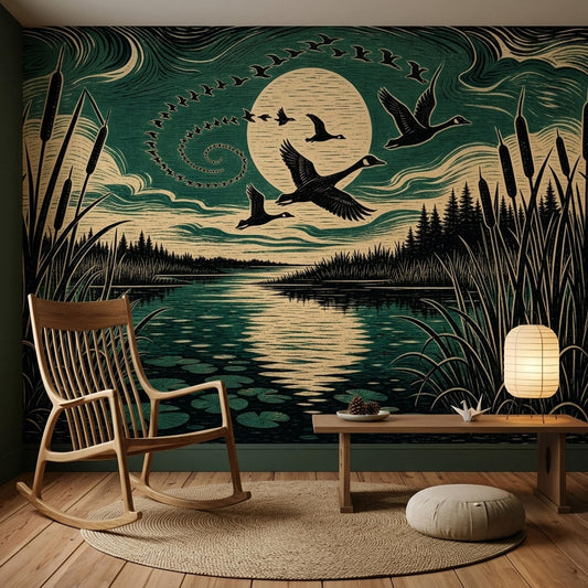 Vintage Woodcut Lake Wall Mural Moonlit Wildlife Landscape Loon Bird Nature Wall Decor